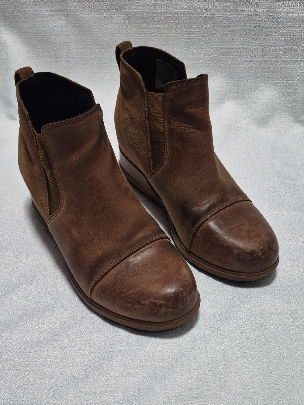 Sorel Evie Cap Toe Chelsea Brown Leather Wedge Booties Women Size 7.5